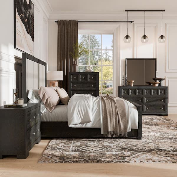 Potra 6-Piece Weathered Black Wood Frame Queen Panel Bedroom Set with Oversized Nightstand and Felt-Lined Top Drawers