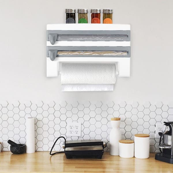 Kitchen Roll Dispenser Paper Roll Holder Plastic Wrap Film Foil Paper Organizer w/ Cutter Wall Mounted