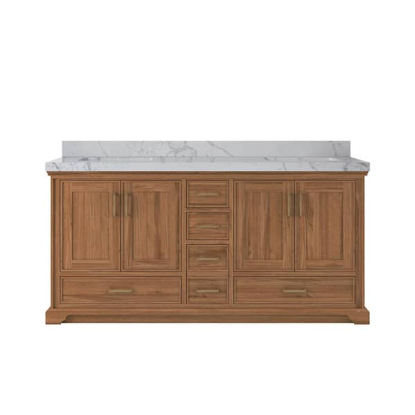 Willow Collections Charlotte Teak 72 in. W x 22 in. D x 36 in. H Double Sink Bath Vanity in Dark Natural with 2 in. Venatino Quartz Top