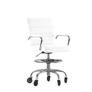 30 in. White Mid Metal Office Stool with Leather/Faux Leather Seat