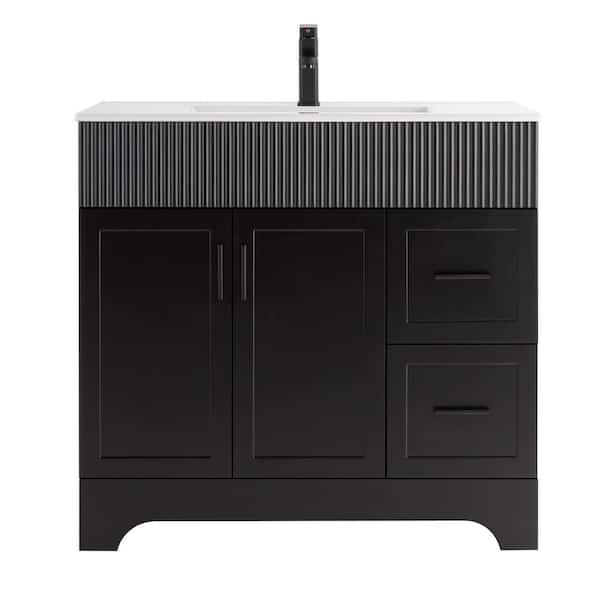 36 in. W. x 18 in. D x 34 in. H Single Sink Freestanding Bath Vanity in Black with White Ceramic Top Drain Faucet Set
