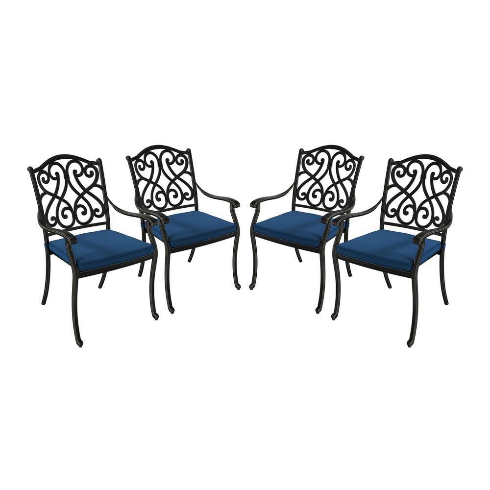 Set of 4 Black Cast Aluminum Outdoor Dining Chairs with Blue Cushions