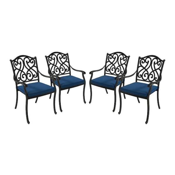 Black Cast Aluminum Metal Outdoor Patio Stackable Retro Pattern Dining Chair with Blue Cushions for Yard Gazebo(4-Pack)