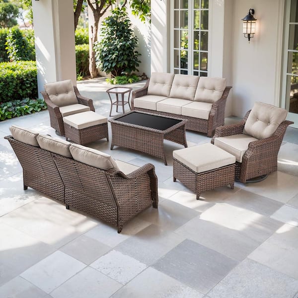 Artisan Brown 8-Piece Wicker Patio Conversation Set with Swivel Rockers, Sofa Seating Set with Olefin Beige Cushions