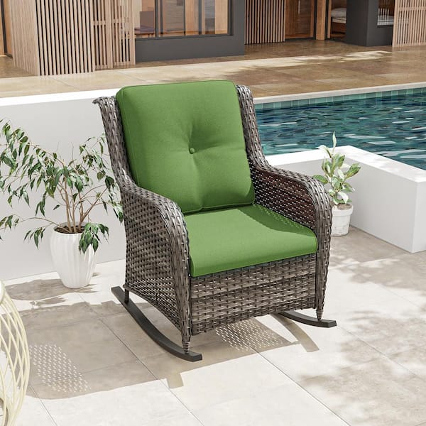 JOYSIDE Wicker Outdoor Patio Rocking Chair with Green Cushion