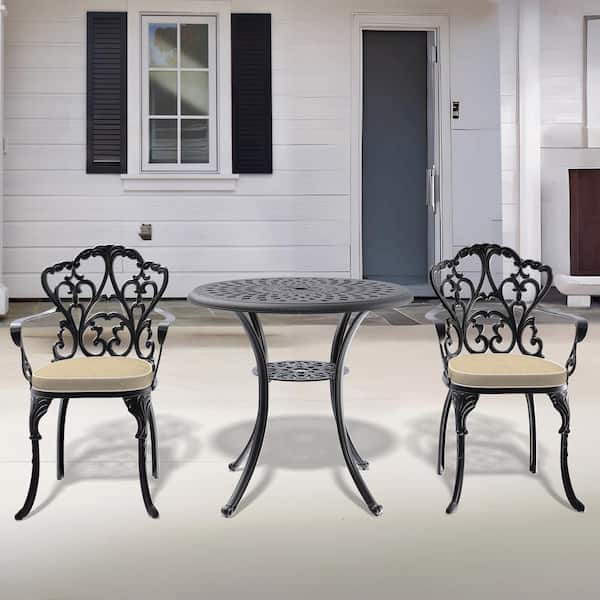 Willit Lily Black 3-Piece Cast Aluminum Outdoor Dining Set with Round Table and Dining Chairs with Random Color Cushion