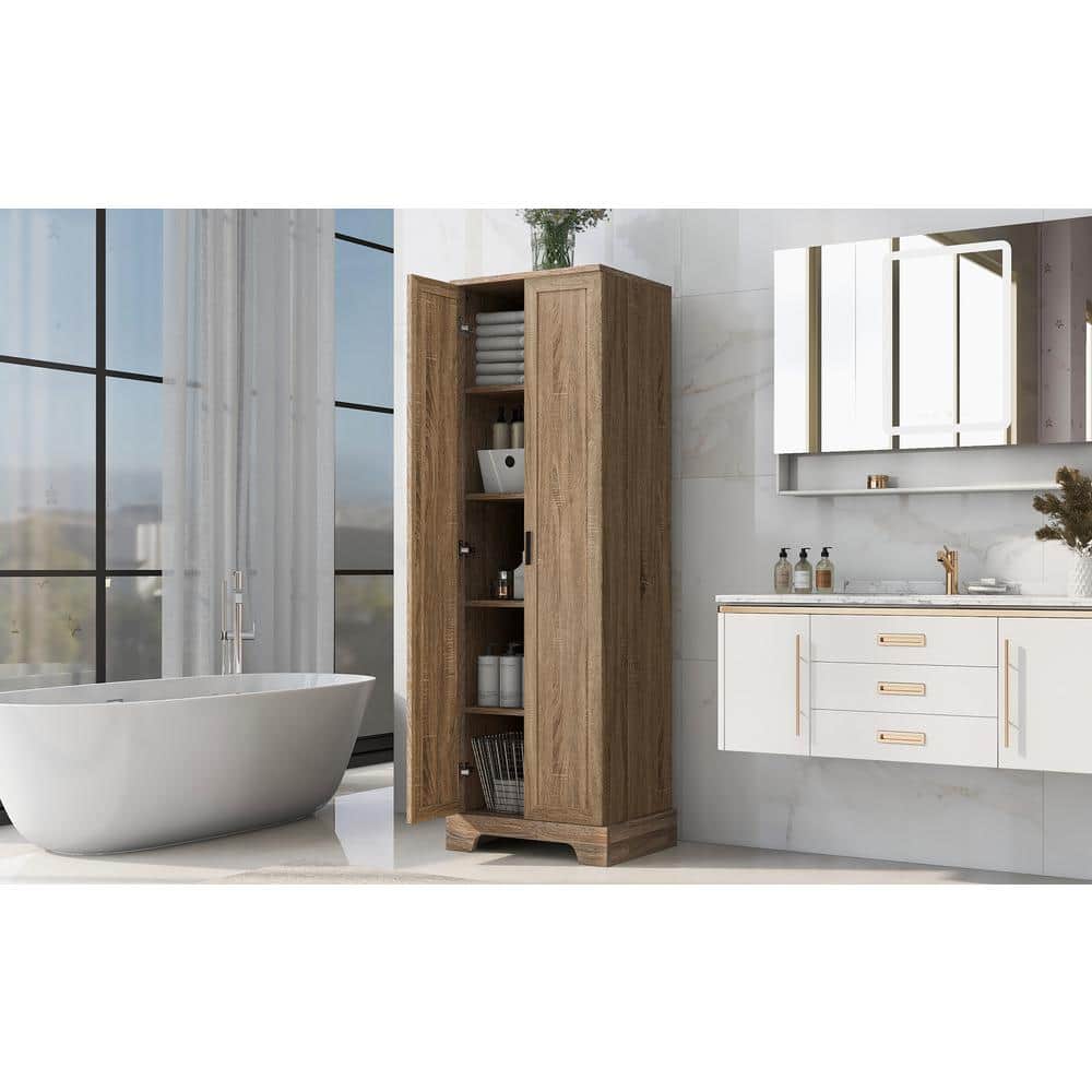 Brown wooden tall storage cabinet in a bright bathroom.