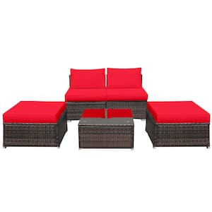 5-Pieces Wicker Outdoor Patio Furniture Set with Coffee Table Ottoman Red Cushion