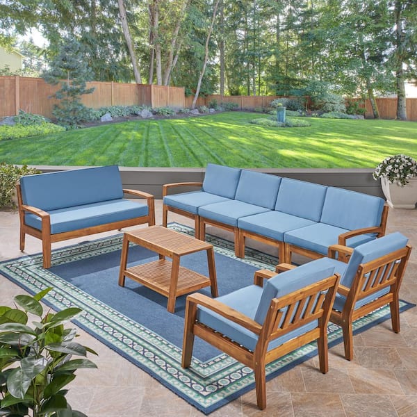 Grenada 8-Piece Wood Outdoor Patio Conversation Set with Blue Cushions