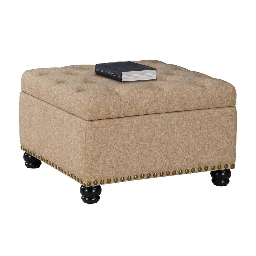 Designs4Comfort Herald Square Tan Fabric Square Storage Medium Ottoman Coffee Table with Storage