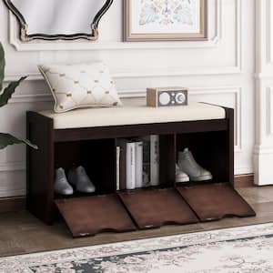 Espresso Bench with Removale Cushion and 3 Flip Lock Storage Cubbies 19.8 in. H x 39 in. W x 14 in. D