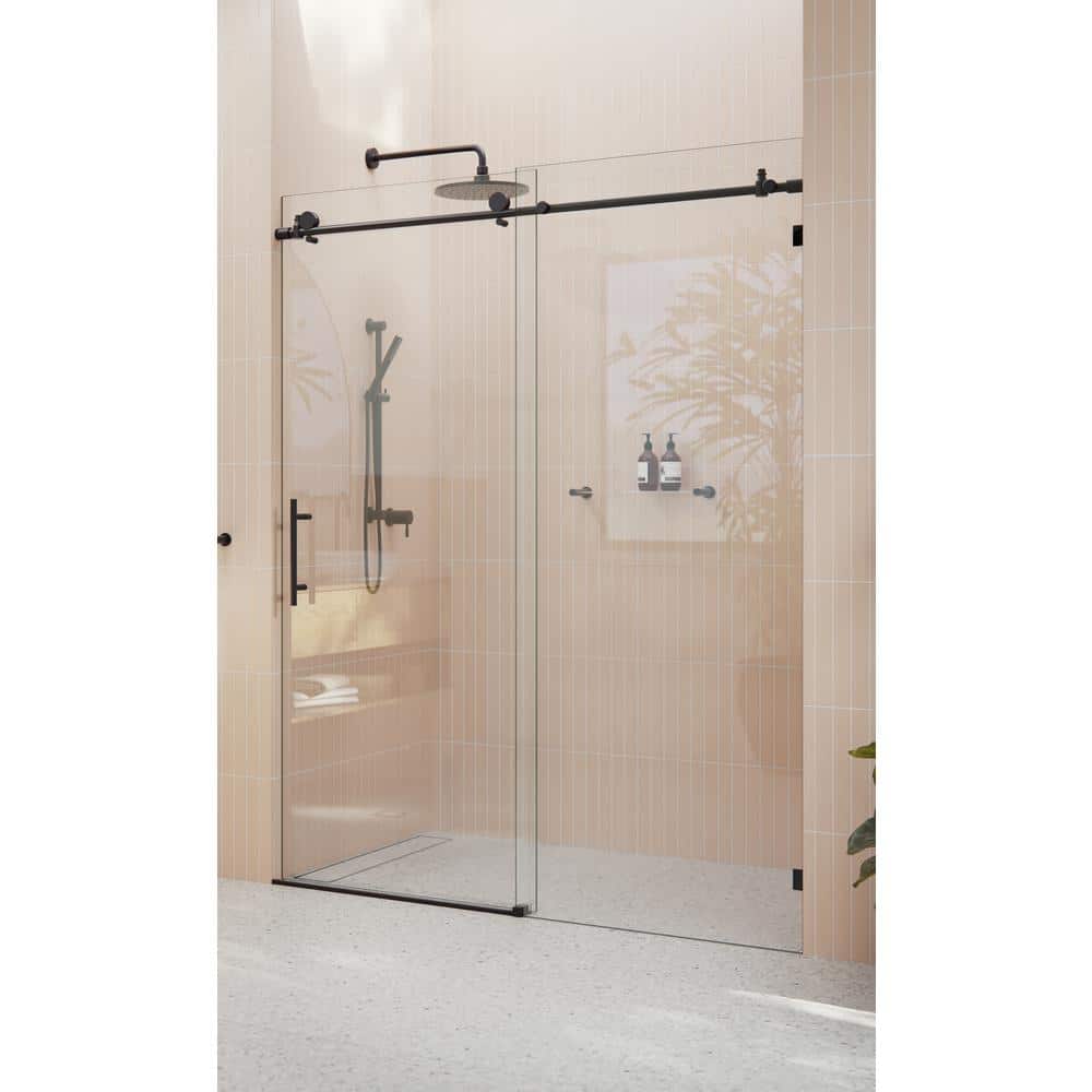 Eclipse Matte Black Frameless Sliding Shower Door with Clear Glass