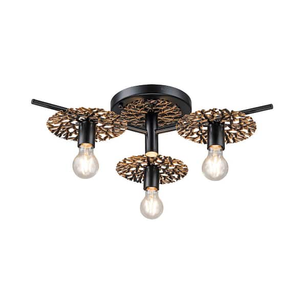 Evelyn 20 in. Wide 3-Light Rustic Farmhouse Semi Flush Mount Ceiling Light Antique Brushed Black