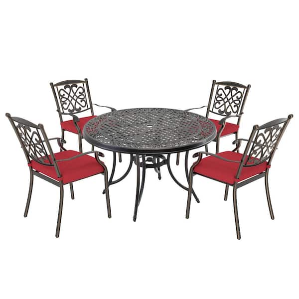 Clihome 5-Piece Cast Aluminum Outdoor Dining Set with Round Dining Table and Flower-Shaped Back Chairs with Red Cushions
