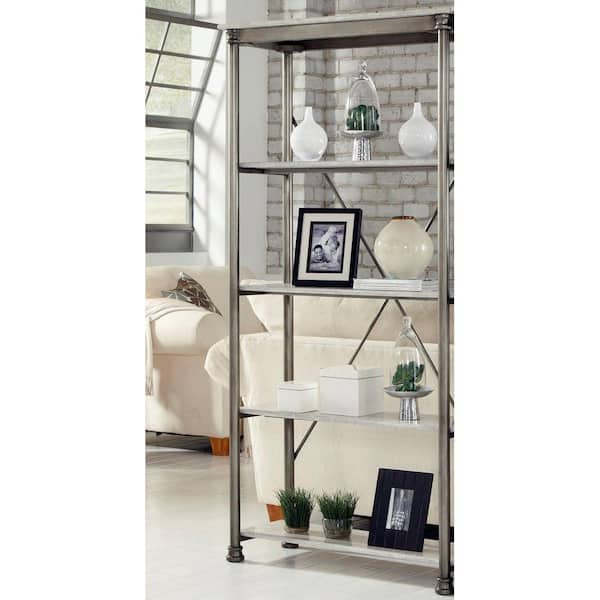 HOMESTYLES Five Shelf 38 in. W x 76 in. H x 16 in. D, Marble and Steel Orleans Shelving Unit