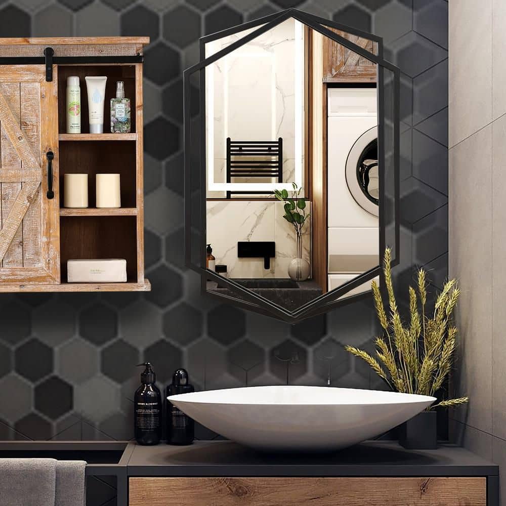 Hexagonal Black Metal Frame Rectangular Wall Mirror