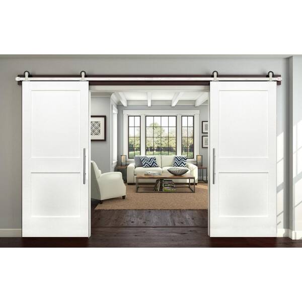 72 in. x 84 in. By-Part Prime 2-Panel Shaker Wood Sliding Barn Door with Bronze Hardware Kit 72 in. x 84 in. By-Part Prime 2-Panel Shaker Wood Sliding Barn Door with Bronze Hardware Kit