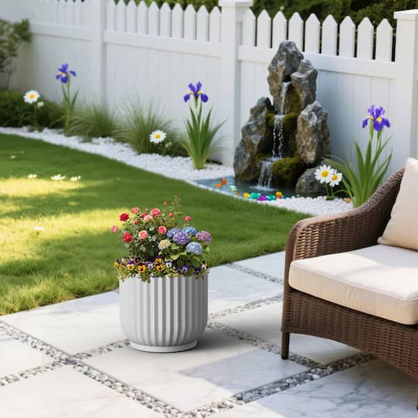 14in.W x 12in.H Pearl White Round Concrete Plant Pot with Modern Design Large Flower Planter with Drainage Hole