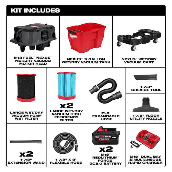 M18 FUEL 9 Gal. Cordless Dual-Battery Wet/Dry Shop Vacuum Kit with Extra High Efficiency Filter and Wet Foam Filter