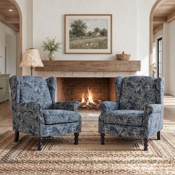 Traditional Blue Upholstered Wingback Chair with High Back, Nailhead Trim and Solid Wood Legs in Floral Linen, Set of 2