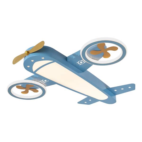 OUKANING 23.62 in. Blue and Gold Creative Airplane-Shaped Dimmable Flush Mount Ceiling Light with Remote and Integrated LED Light