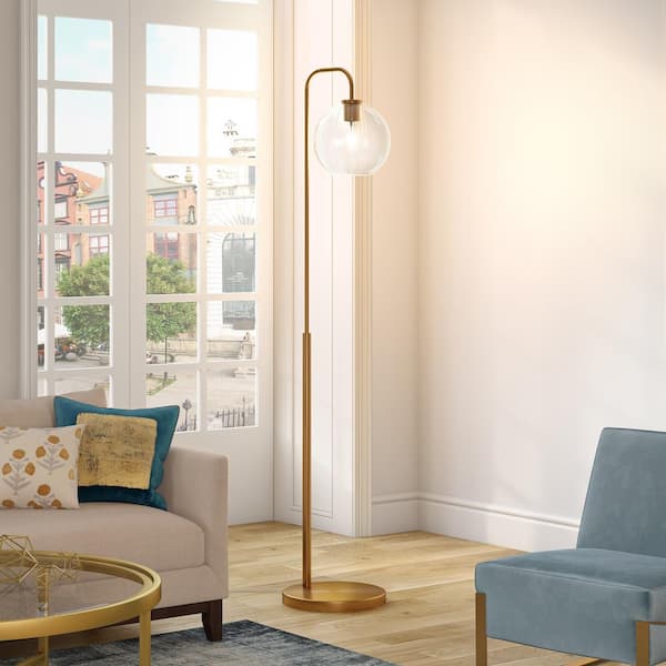 Harrison 62 in. Brass Finish Arc Floor Lamp with Glass Shade