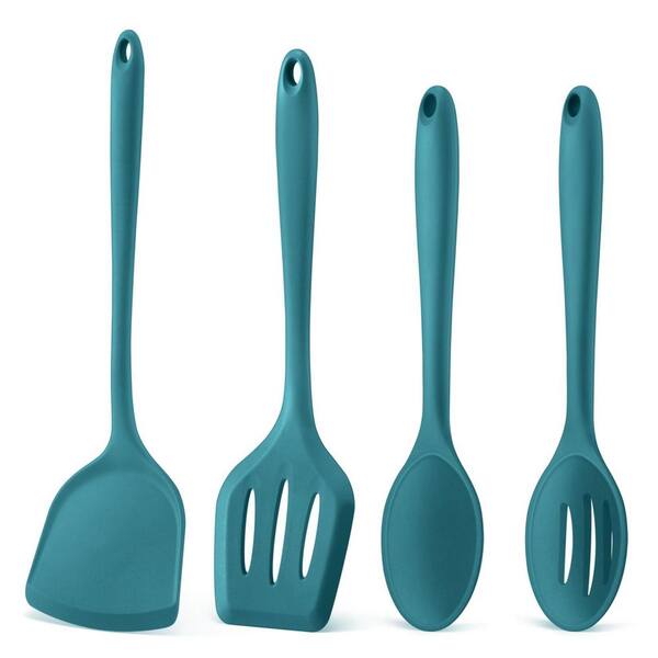 Blue Silicone Cooking Utensil Set Nonstick Heat Resistant Slotted Solid Spoon Turner Kitchen Tool 4 Piece