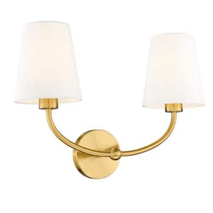 19 in. 2-Light Gold Vanity Light with White Fabric Shade for Bathroom Living Room