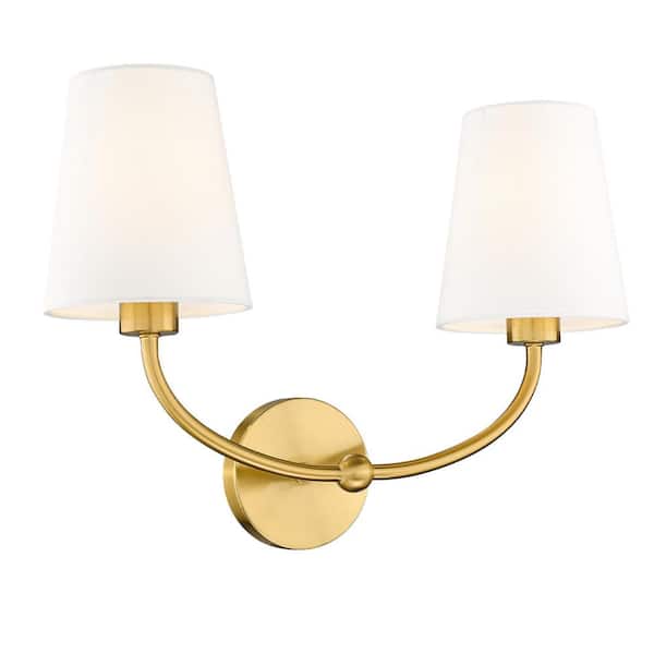 JAZAVA 19 in. 2-Light Gold Vanity Light with White Fabric Shade for Bathroom Living Room