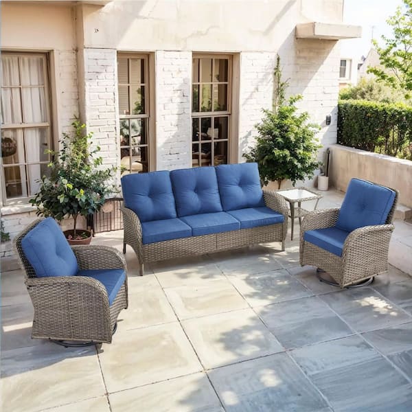 SleekArm 4-Piece Gray Wicker Patio Conversation Set with Olefin Blue Cushion and Outdoor Swivel Glider Chairs