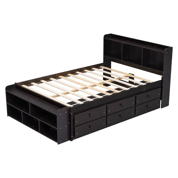 Espresso Brown Wood Frame Full Size Platform Bed with Under bed Storage Drawers, Bookcase Headboard and Storage Case