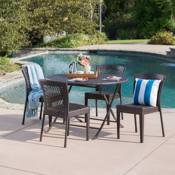 Noble House Louise Multi-Brown 5-Piece Wicker Round Outdoor Dining Set