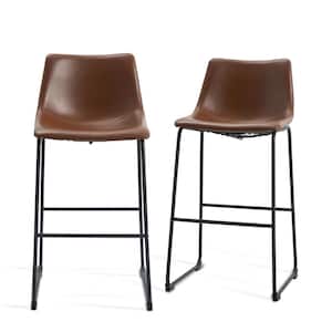 28 in. Walnut Hight Back Metal Frame Bar Stool with Faux Leather Seat (Set of 2)