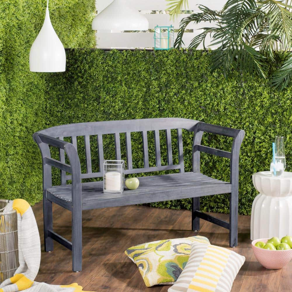 Transitional Ash Grey Acacia Wood 2-Seat Outdoor Bench
