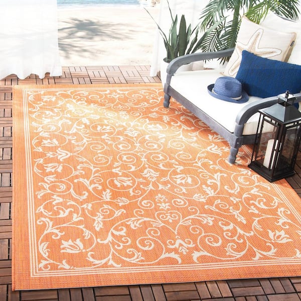 Courtyard Terracotta/Natural 8 ft. x 8 ft. Square Border Indoor/Outdoor Patio  Area Rug