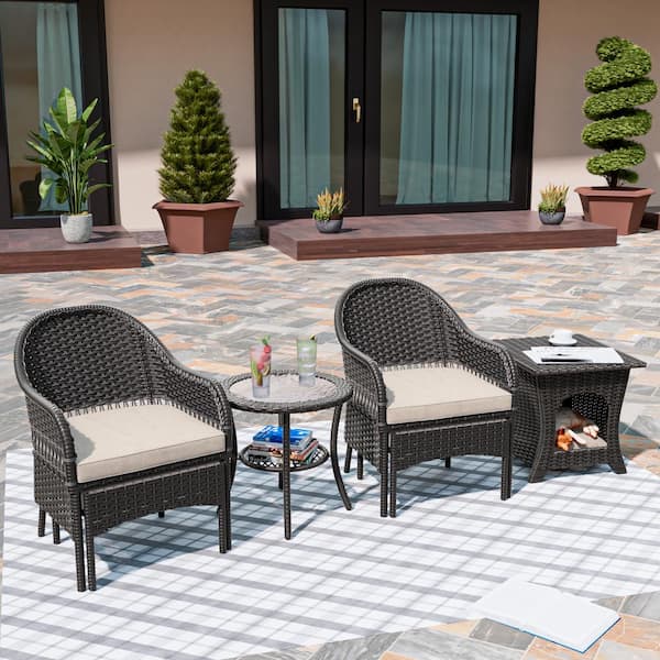 MeetLeisure 6-Piece Outdoor Wicker Patio Conversation Seating Set with Beige Cushions and Pet Side Table