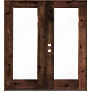 72 in. x 80 in. Rustic Knotty Alder Wood Clear Full-Lite red mahogony Stain Right Active Double Prehung Front Door