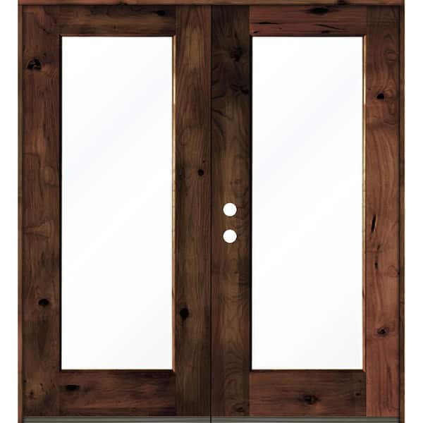 Krosswood Doors 72 in. x 80 in. Rustic Knotty Alder Wood Clear Full-Lite red mahogony Stain Right Active Double Prehung Front Door