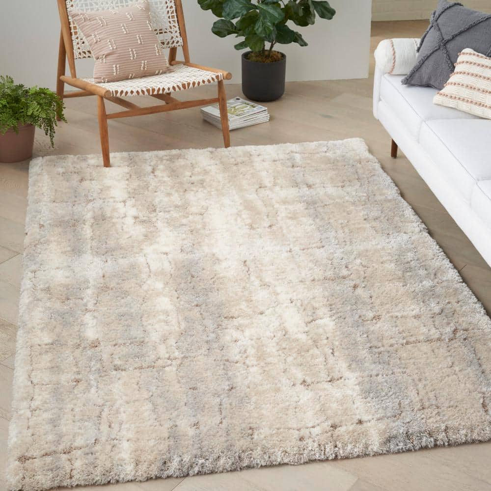 Ivory Beige Abstract Shag 5' x 7' Synthetic Area Rug