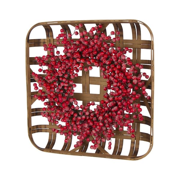 Glitzhome 22 in. Artificial Dia Red Berry Wreath with Bamboo Tobacco Basket