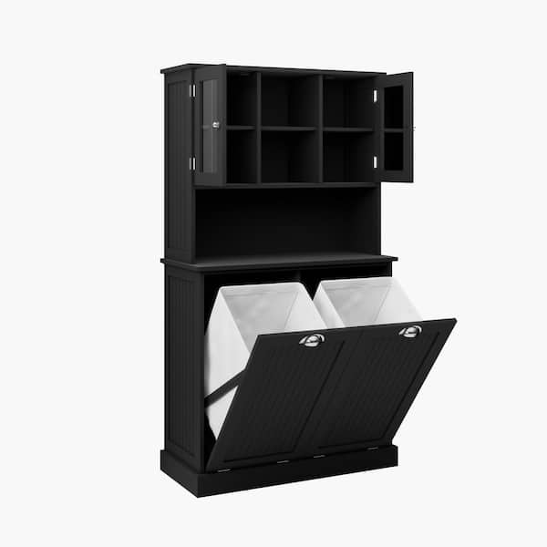 32.68 in. W x 14.57 in. D x 59.69 in. H Black Linen Cabinet with 2 Adjustable Shelves and Tilt-Out Dirty Laundry Basket