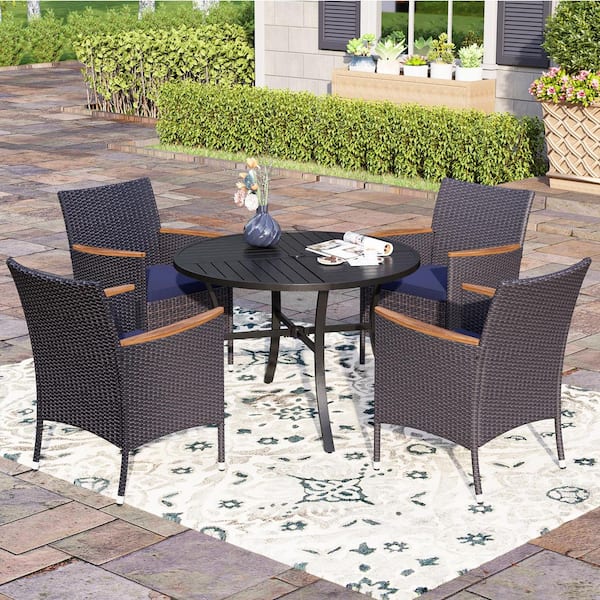 PHI VILLA Black 5-Piece Metal Patio Outdoor Dining Sets with Round Table and Wooden Armrest Rattan Chairs with Blue Cushion