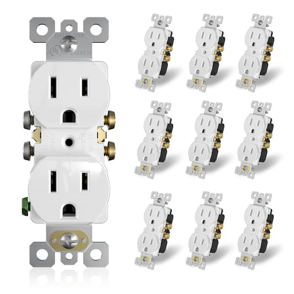 ELEGRP Duplex 15 Amp 125-Volt Residential Grade Self Grounding Outlet, Glossy White (10-Pack)