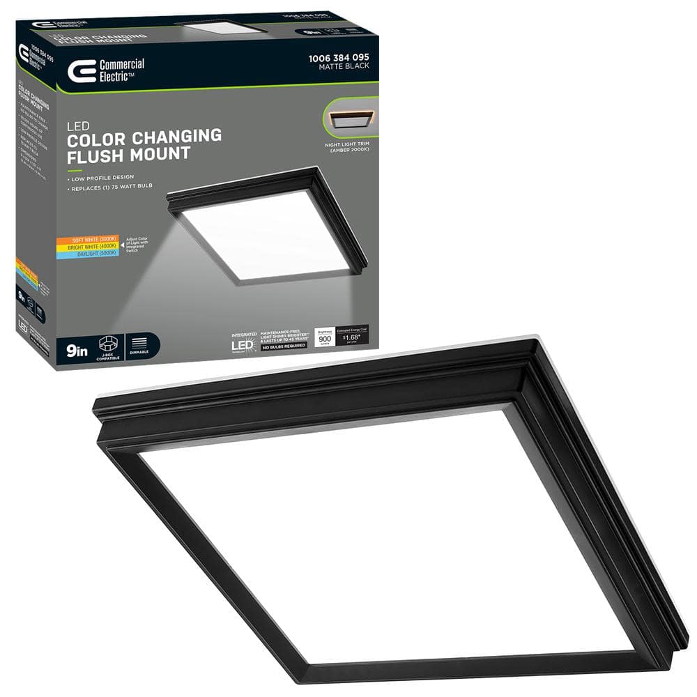 Commercial Electric Low Profile 9 in. Matte Black Square LED Flush Mount with Night Light Feature J-Box Compatible Dimmable 900 Lumens