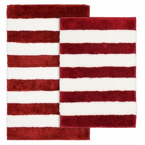Beach Stripe Crimson Red and White 21 in. x 34 in. Stripe Nylon Polyester 2-Piece Bath Mat Set