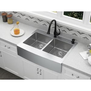 Retrofit Drop-In Stainless Steel 33 in. 2-Hole 50/50 Double Bowl Curved Farmhouse Apron Front Kitchen Sink