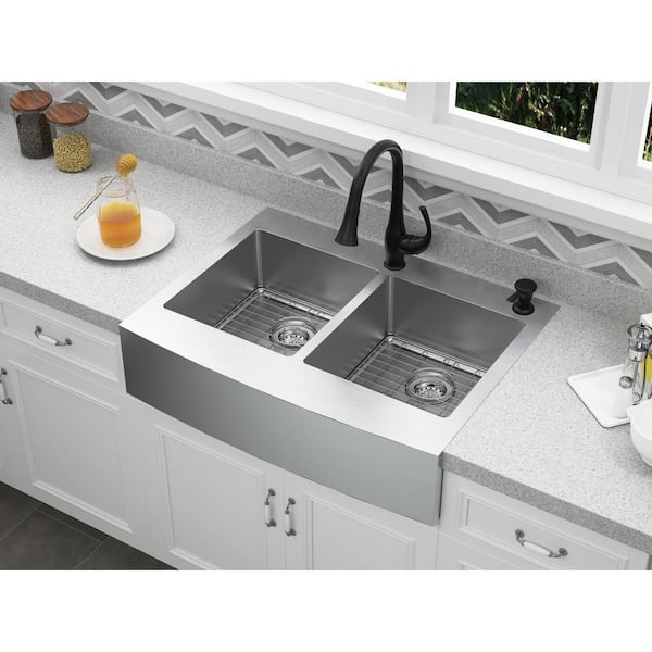 Retrofit Drop-In/Undermount Stainless Steel 33 in. 2-Hole 50/50 Double Bowl Curved Farmhouse Apron Front Kitchen Sink