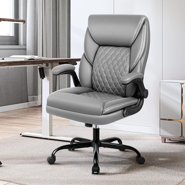 Gray Sponge Cushion Arm Chair with Textured PU Leather, Adjustable Armrests and Backrest, SGS-certified Gas Lift