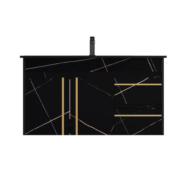 35 in. Single Sink Floating Black Bath Vanity with Black Faux Marble Top, 2 Soft-Close Drawers, Adjustable Pipe Length