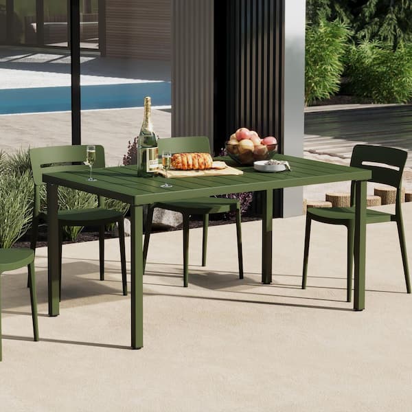 Frond and Form Modern Outdoor Patio 59 in. x 35.4 in. Rectangular Iron Dining Table, Olive Green